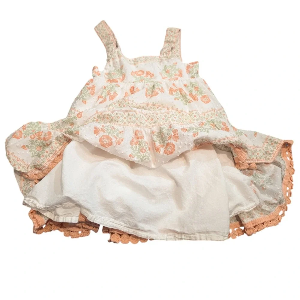 Tommy Bahama Girls Floral‎ Tiered Swiss Dot Dress Peach Green Cotton Size 5T